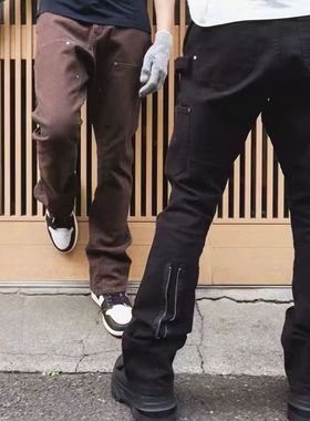 自主VUJADE伐木裤喇叭牛仔裤水洗后拉链休闲工装裤黑棕色kenijima