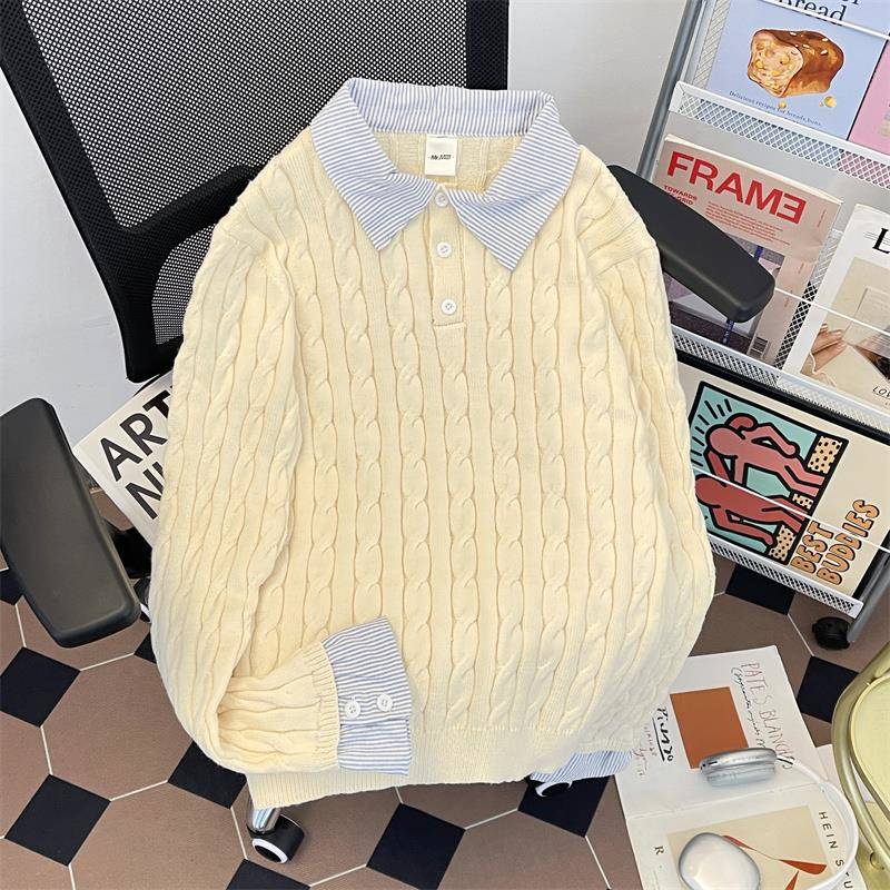 高端男士打底衫秋冬季加厚扭花假拼接条纹翻领毛衣针织衫男l1204k