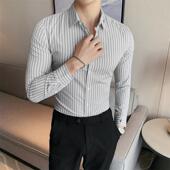 高端灰色条纹衬衫 免熨烫抗皱刺绣衬0130r 休闲修身 男长袖 商务正装