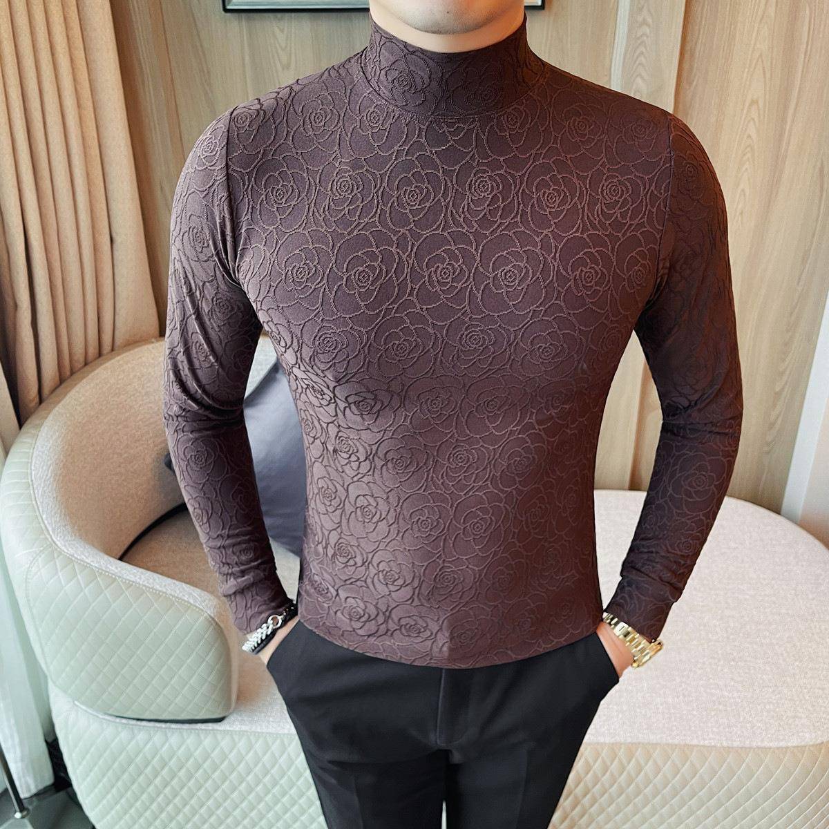 秋冬男士新品提花打底衫弹百搭半高领休闲衣T恤1023z