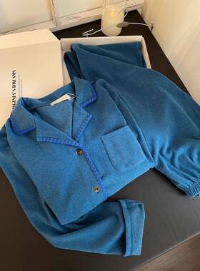 显白蓝色磨毛睡衣女秋冬季2025新款长袖长裤套装家居服可外1123r