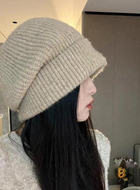 毛线线帽子女秋冬季韩版百搭大头围针织帽保暖护耳冷帽显脸0117k
