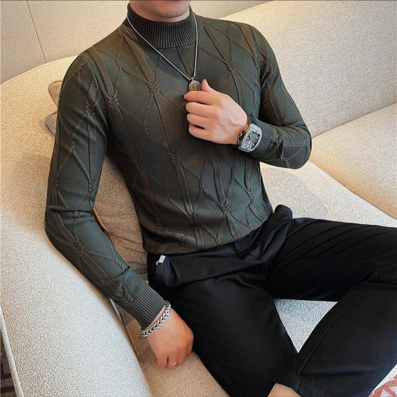 秋冬格子提花长袖针织衫男2025男士潮牌修身百搭半高领毛衣1023z