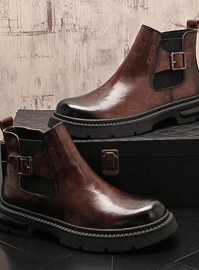 切尔西靴男款秋冬新款高筒休闲鞋厚底英伦风男马丁靴套筒男1103r