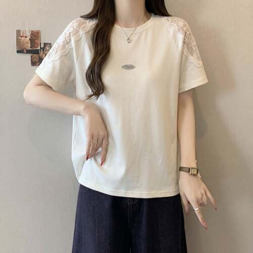 韩版减龄蕾丝拼接短袖T恤女2026夏大尺码胖MM显瘦气质正肩上0531k