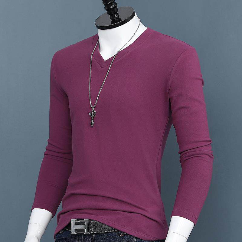 秋冬男士德绒打底衫双面V领长袖T恤纯色修身简约大尺码潮流1216k