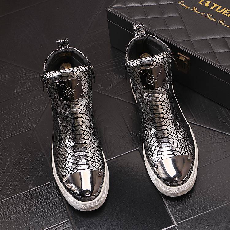 保暖休闲鞋男高帮鞋男士时尚马丁靴拉链银色男靴子短靴子1103r