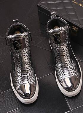 保暖休闲鞋男高帮鞋男士时尚马丁靴拉链银色男靴子短靴子1103r