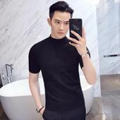 毛衣男纯色半高领针织衫 T恤秋季 潮流修身 短袖 中领内搭半袖 打0207r