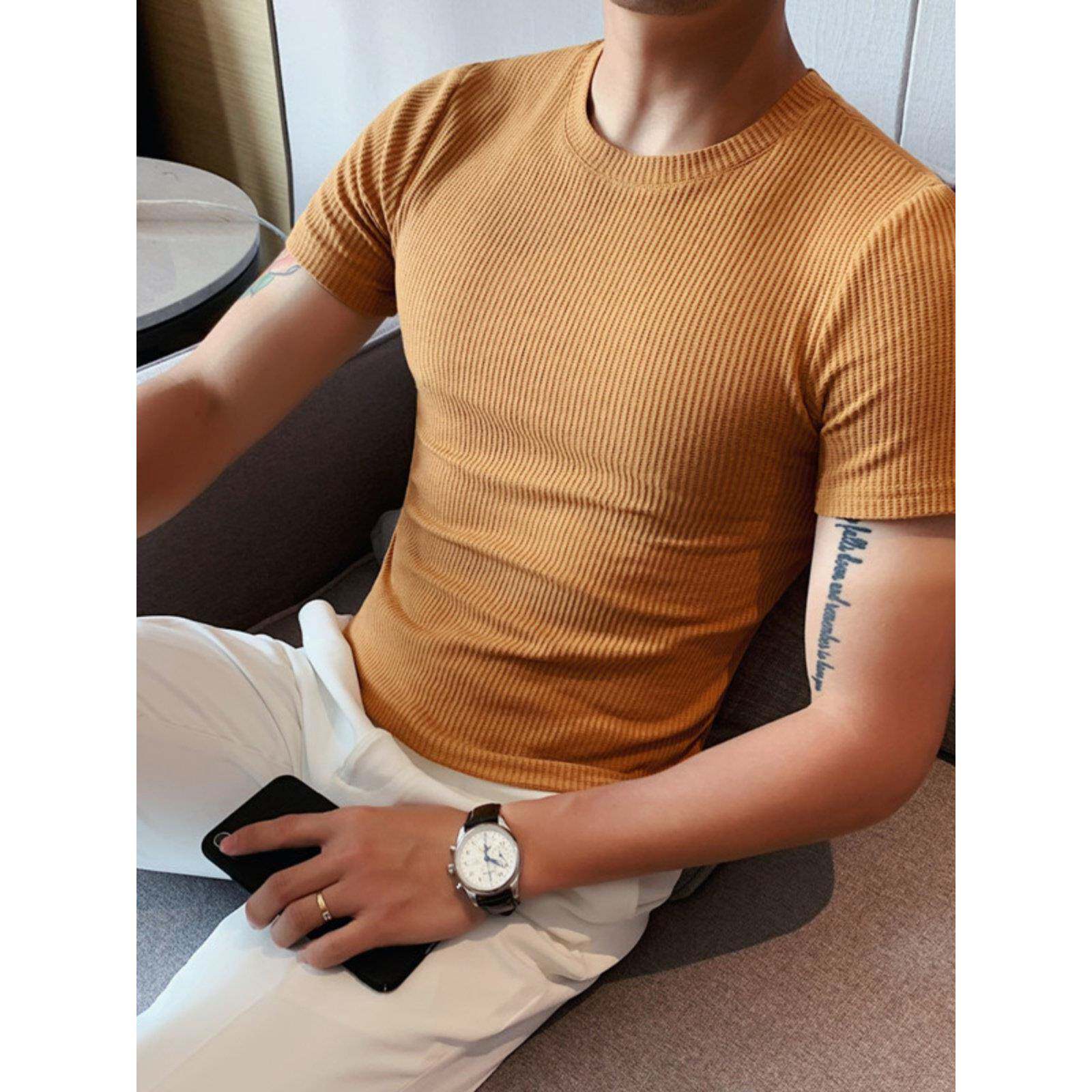 男士t恤夏季韩版修身纯色圆领短袖时尚型男紧身弹力打底衫0306k