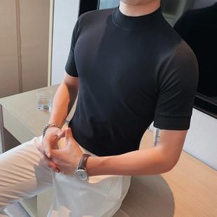 半高领抓绒短袖 时0601z t恤男紧身轻熟风潮流修身 色痞帅中领打底衫