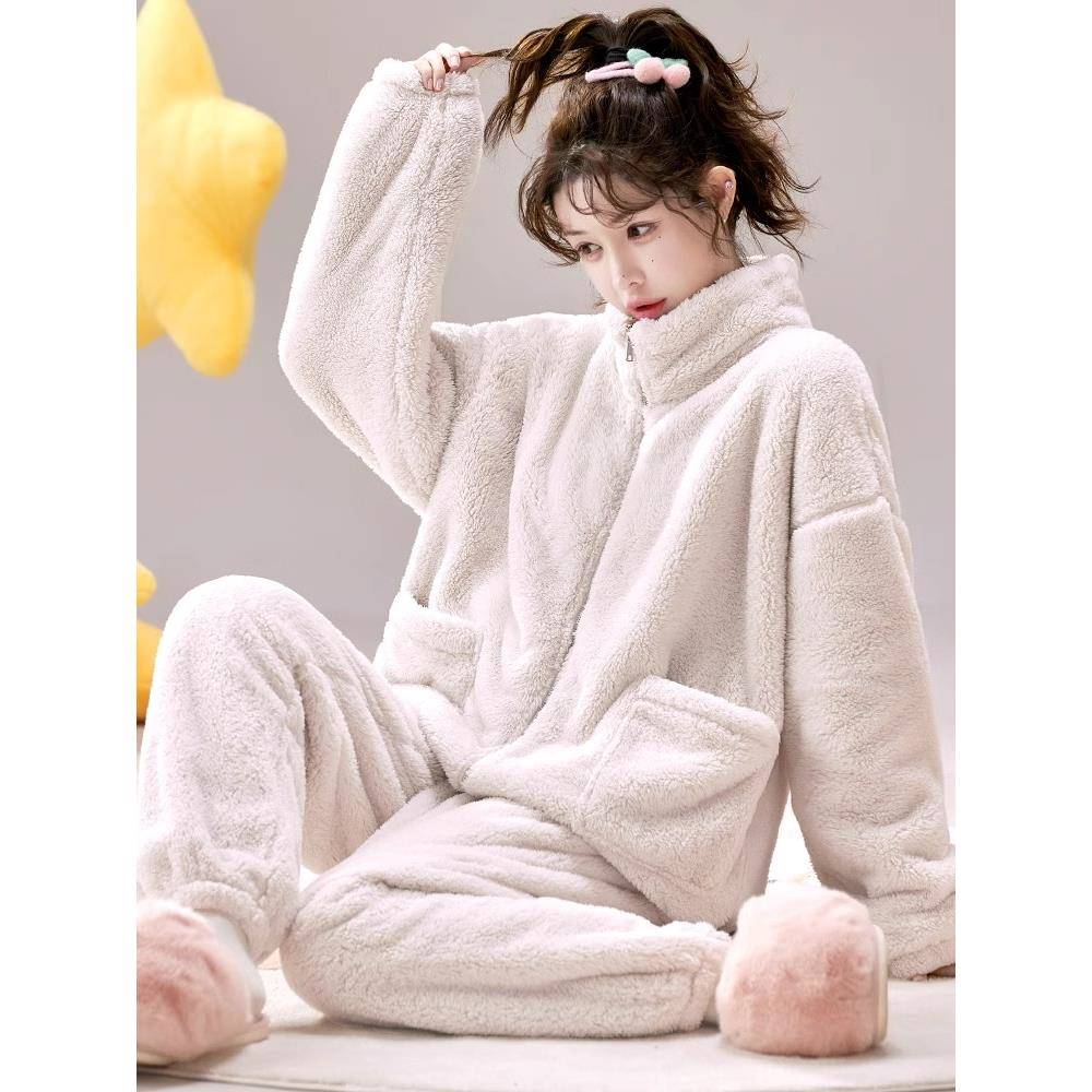 珊瑚绒睡衣女款秋冬季加厚保暖大码时尚可外穿家居服1123r