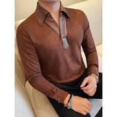 领T恤男长袖 春秋新款 时尚 皮料拼接衬衫 潮流修身 高级感型男打0130r