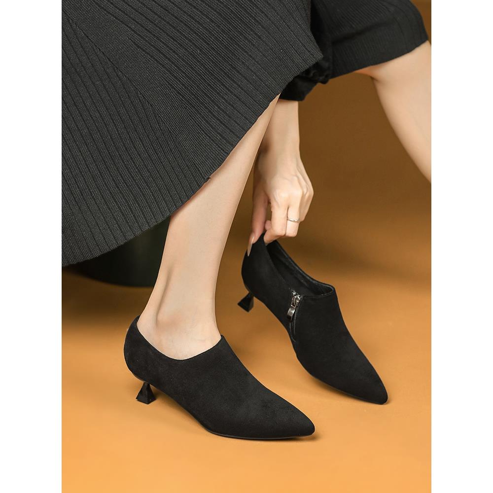 秋冬3厘米小跟短靴女式法式深口单鞋尖头黑色侧拉炼和裸1206z