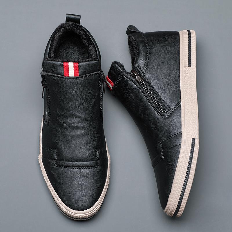 2025新年加绒保暖防风男士高帮皮鞋一脚蹬简约平底开车板鞋1030r