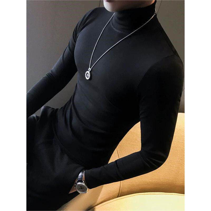 男士t恤款修身纯色中领打底衫韩版抓年紧身半高领潮男上衣0306k