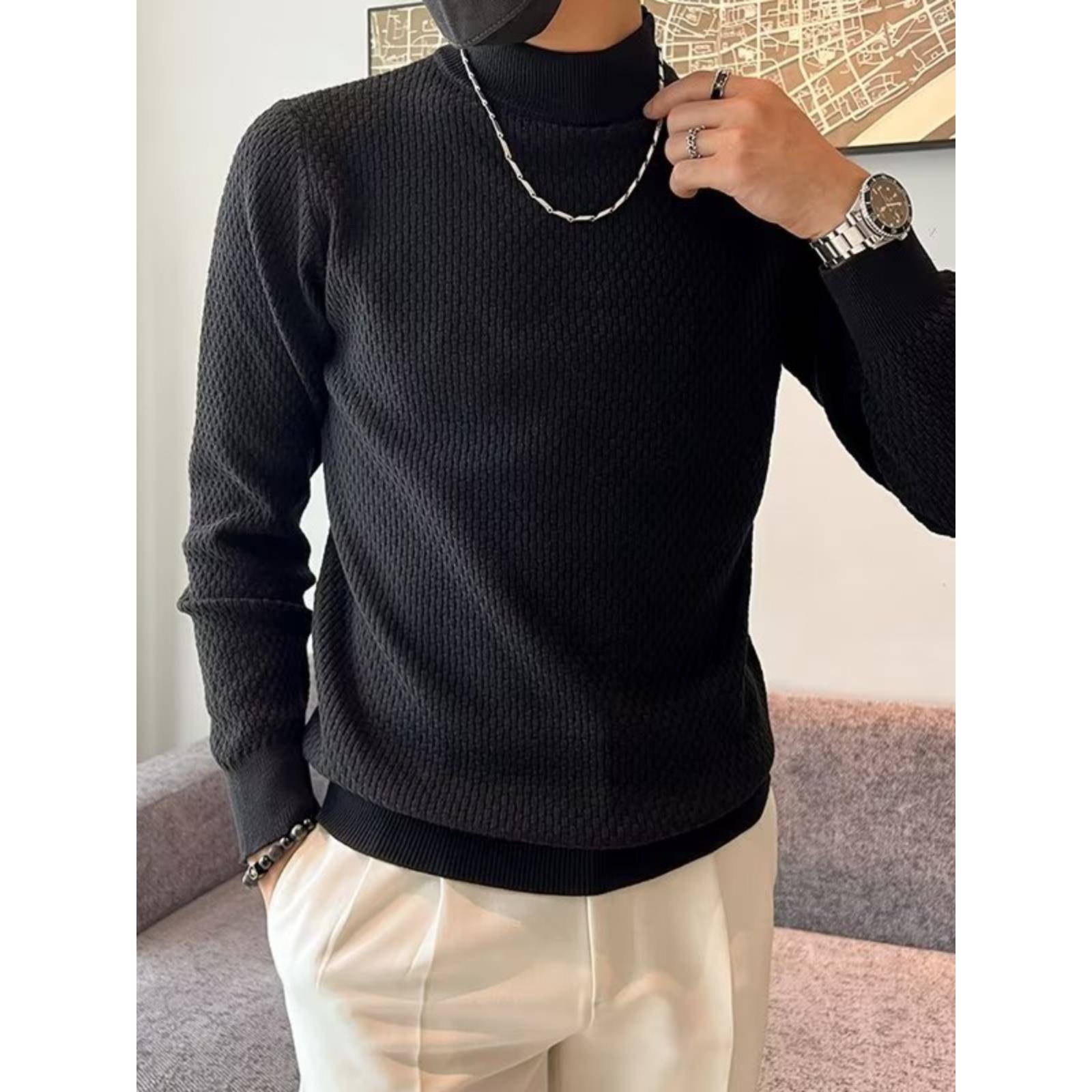 高端男士打底衫纯色毛衣男潮加厚半高领针织衫冬季波浪纹韩1204k