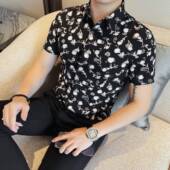 薄款 高级感时尚 男士 夏季 短袖 花衬衫 潮流休闲百搭帅气修身 抗0130r