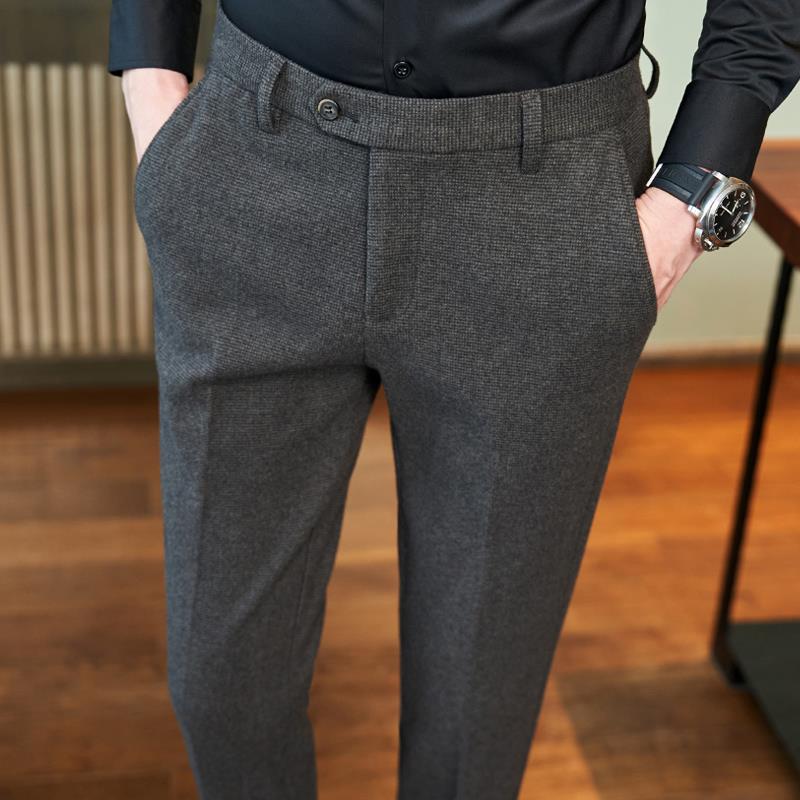 新款秋冬季加厚千鸟格子休闲裤男士韩版修身商务职业垂感西0929z