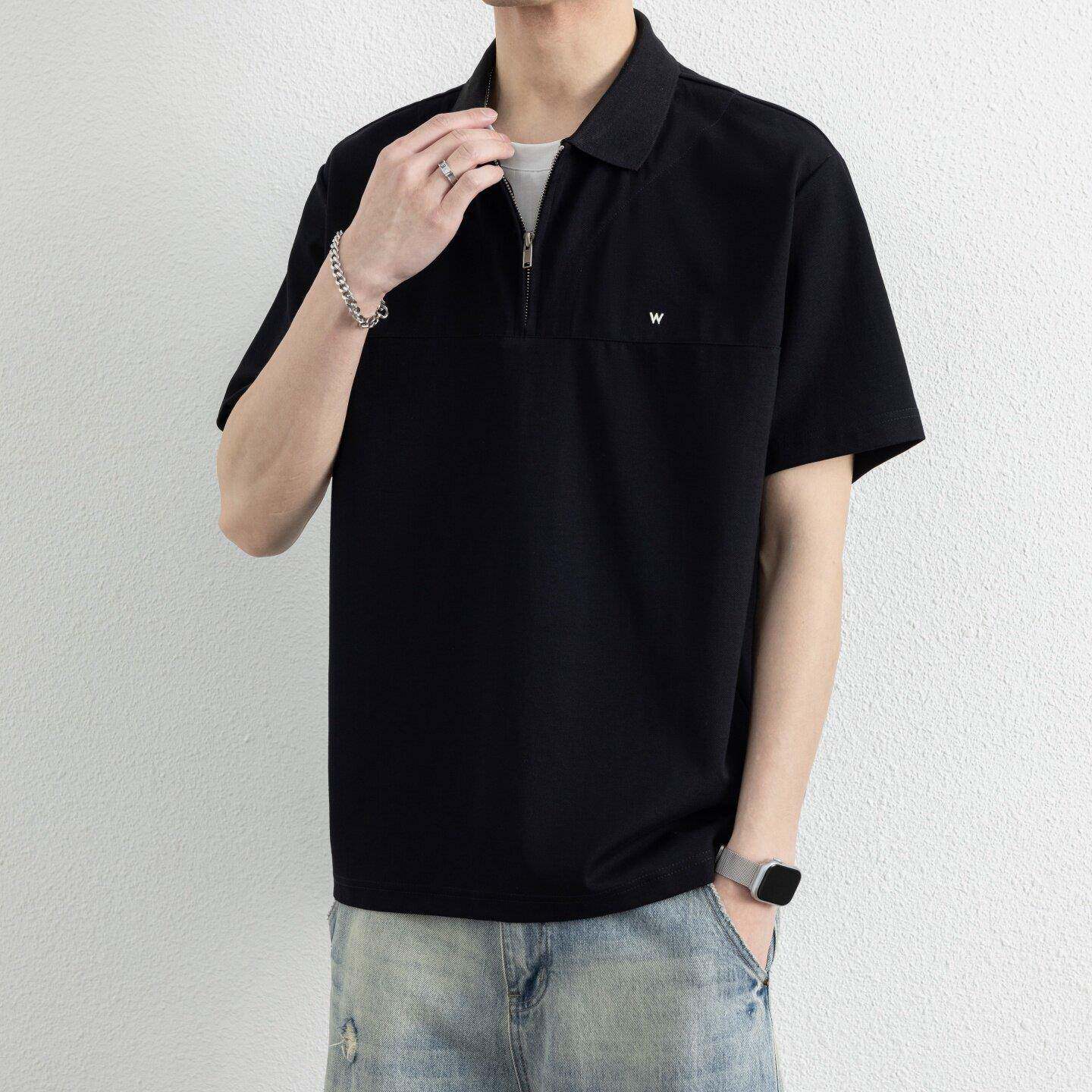 简约韩版冰氧半拉链短袖Polo衫男士夏季宽松假两件休闲翻0603k