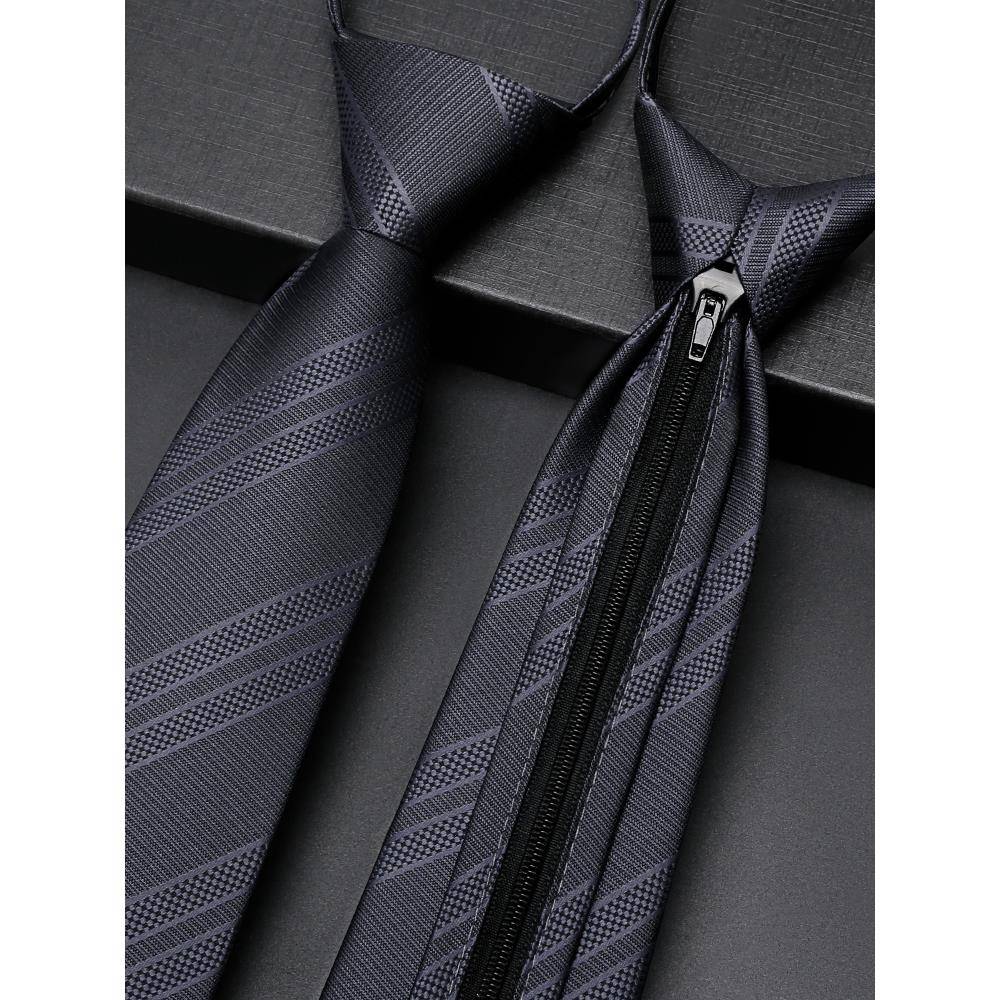 灰色领带男商务免打条纹正装婚礼结婚拉链式面试上班懒人一1120z