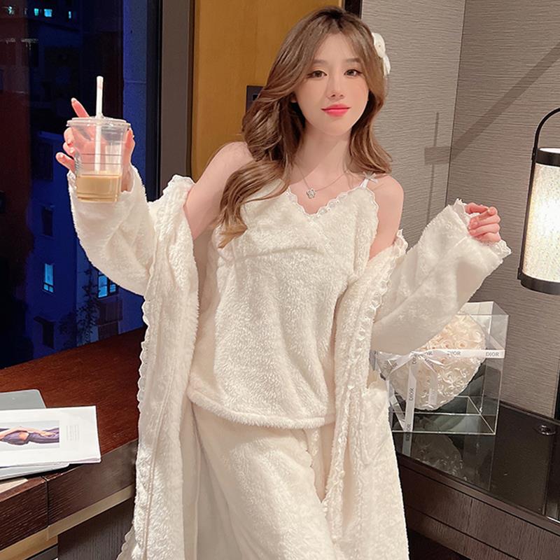 秋冬睡衣冬三件套加厚加吊带睡袍浴袍珊瑚绒长款家居服新款1110k