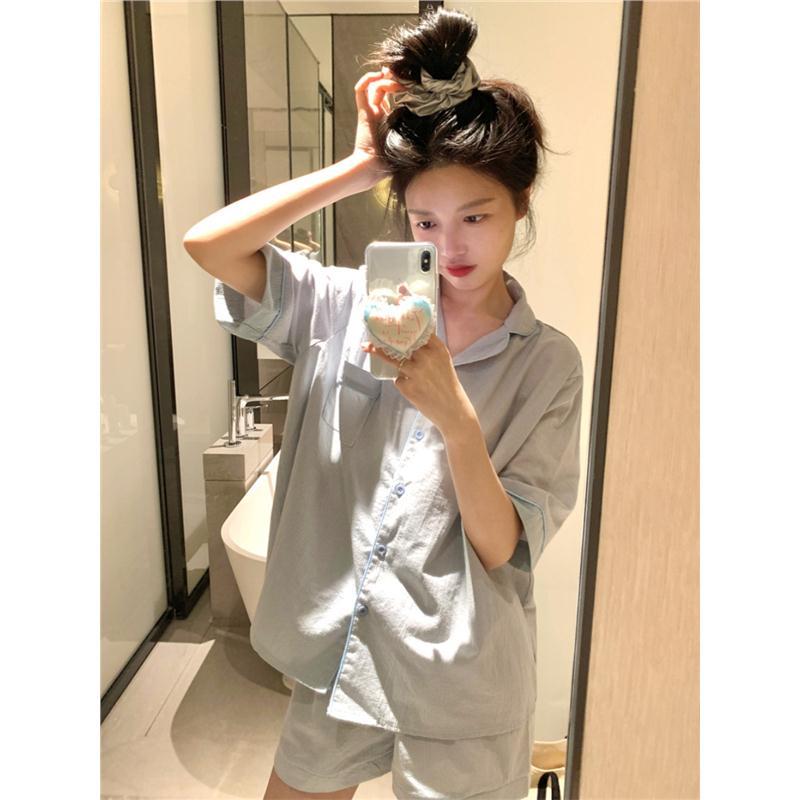 睡衣韩版条纹女夏款2026新款短袖短裤小清新简约撞色家居服0831k