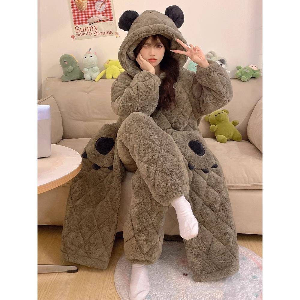 秋冬珊瑚绒三层夹棉睡袍女2025新款加厚家居服女士大码睡衣1203e