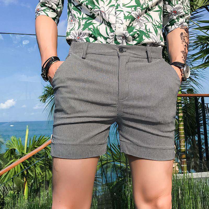 千鸟格男款夏季短裤韩版修身三分短裤灰色百搭春风休闲短0612d1