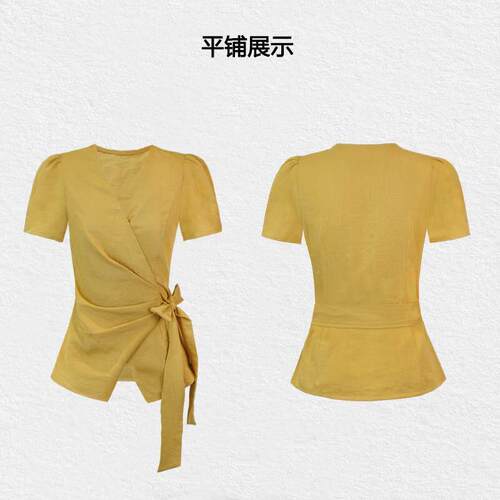 夏季新款V领交叉时尚短袖T恤女装大码感不规则收腰显瘦上衣0628k