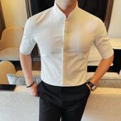 衬衣英伦时尚 新中式 格0130r 商务休闲男士 暗扣五分袖 立领中袖 衬衫