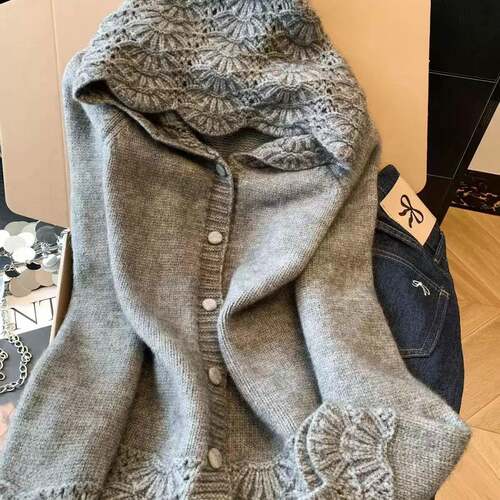 上衣秋冬新款软糯风镂空连帽针织开衫女宽松显瘦百搭长袖法1007d