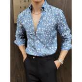 V领印花衬衫 男长袖 春秋新款 法式 潮流时尚 高级感商务休闲抗皱0130r