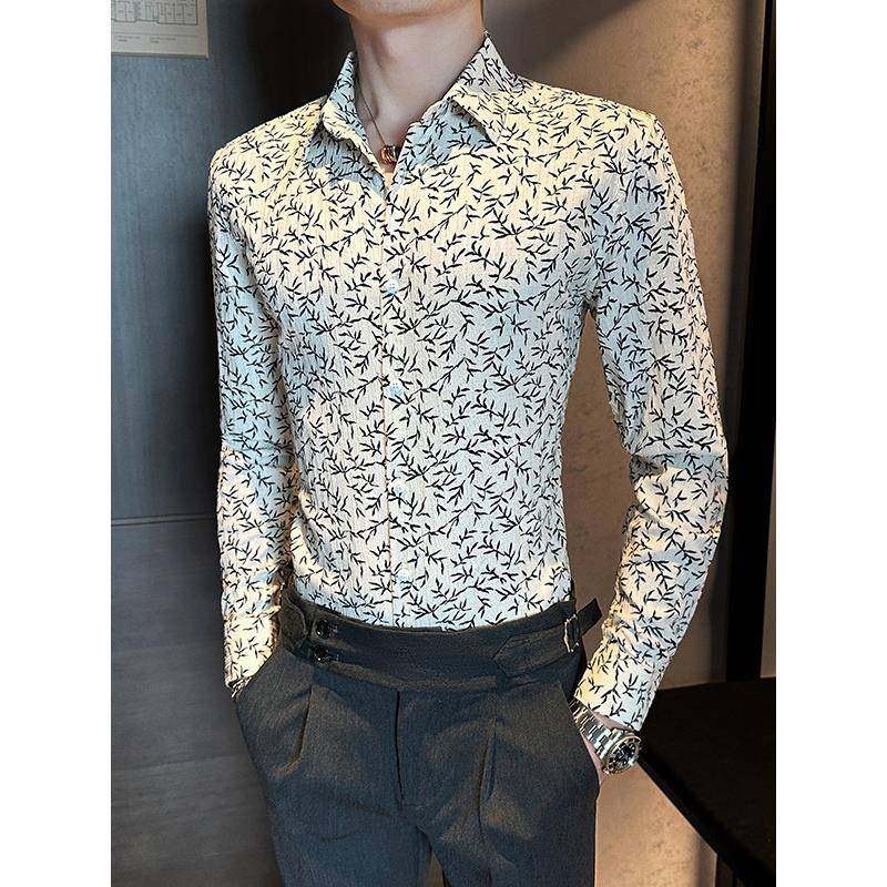 2026新款男士长袖印花衬衫秋季高级感潮流韩版修身男花纹休1229r