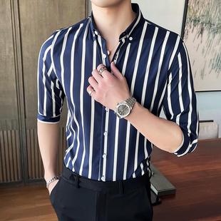 感英伦风商务休闲修身 夏季 薄款 0430z 中时尚 衬衫 条纹七分袖 男短袖