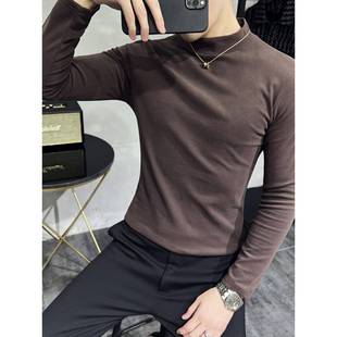 t恤汗衫 纯色天底衫 加厚保暖双面天长袖 半高领冬季 上1221r 男士
