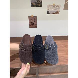 覆古呢子厚底勃肯鞋拖鞋毛毛鞋女外穿2026春秋增高毛茸茸包0115w