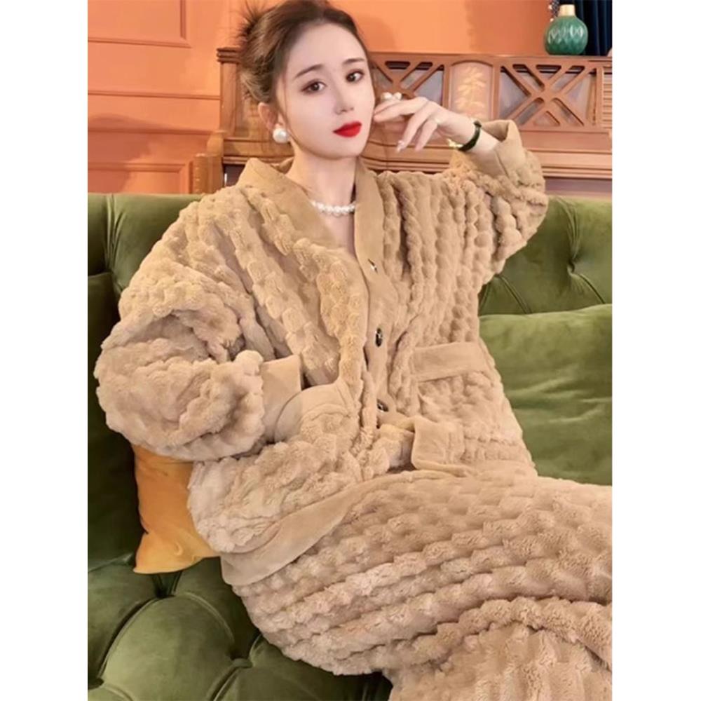 秋冬加大码珊瑚绒睡衣女款2025新款加厚慵懒风开衫家居服套1203e