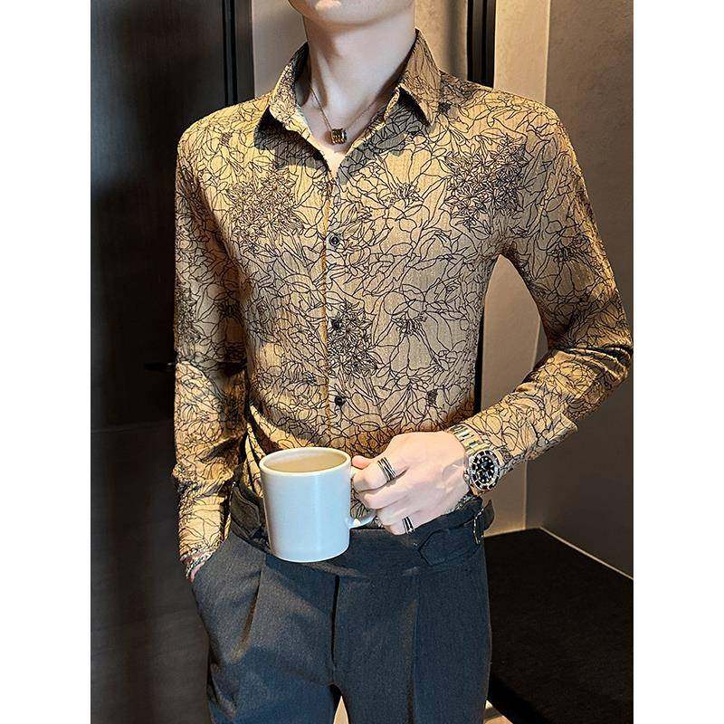 秋季网红高级感休闲印花长袖衬衫新款男装韩版潮流痞帅花纹1229r