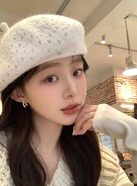 白色贝雷帽女2026新款时尚保暖显脸小报帽画家帽百搭帽子女0117k