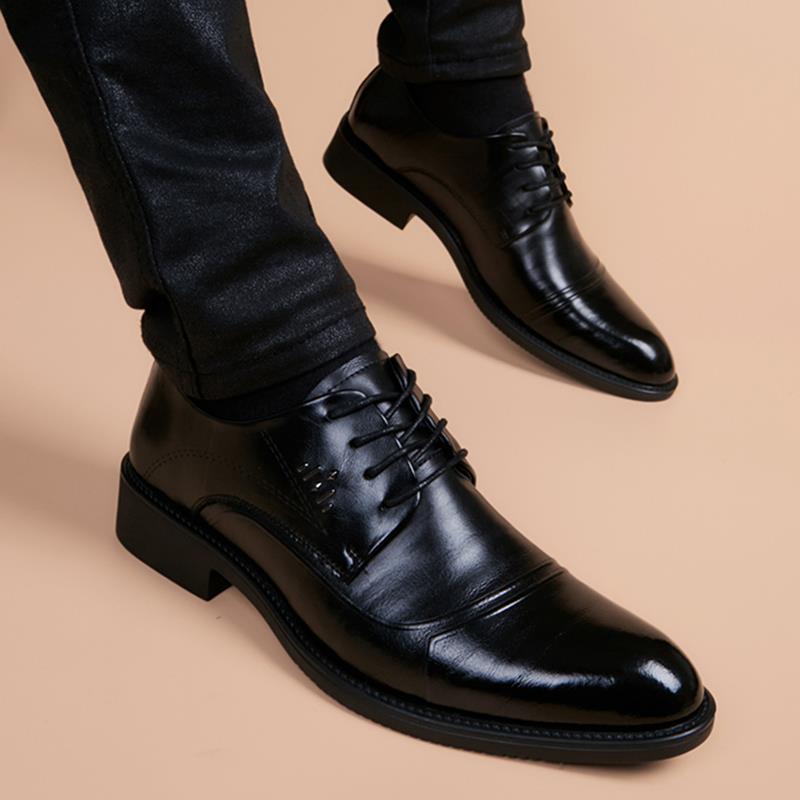 皮鞋男商务正装休闲系带内增高英伦尖头黑色秋冬年韩版男1101e