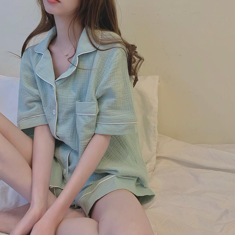 睡衣简约女夏季新款少女薄款短袖短裤开衫家居服两件式套装0831k