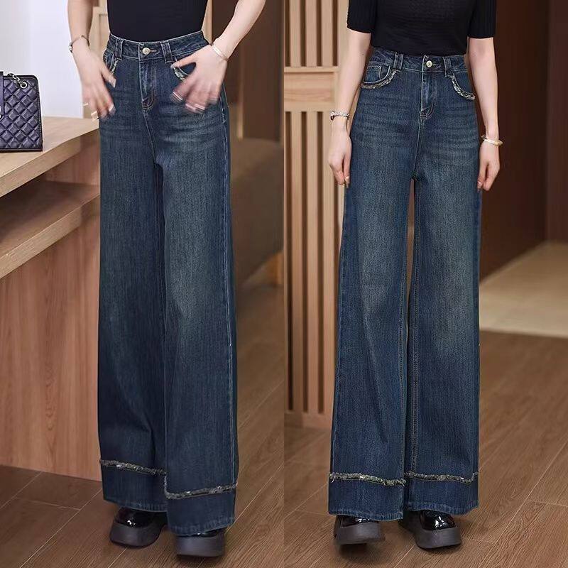 裤子复古深蓝色阔腿牛仔裤女2026年春秋季新款高腰宽松垂感1023d