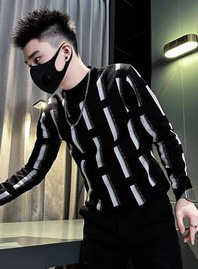 春秋条纹针织品男子的高底内针织品2026年新的英俊苗条botto1231w