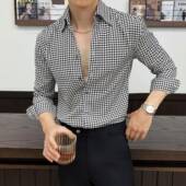 时尚 法式 潮流高端商务休闲0130r 春季 2026新款 V领千鸟格衬衫 男长袖