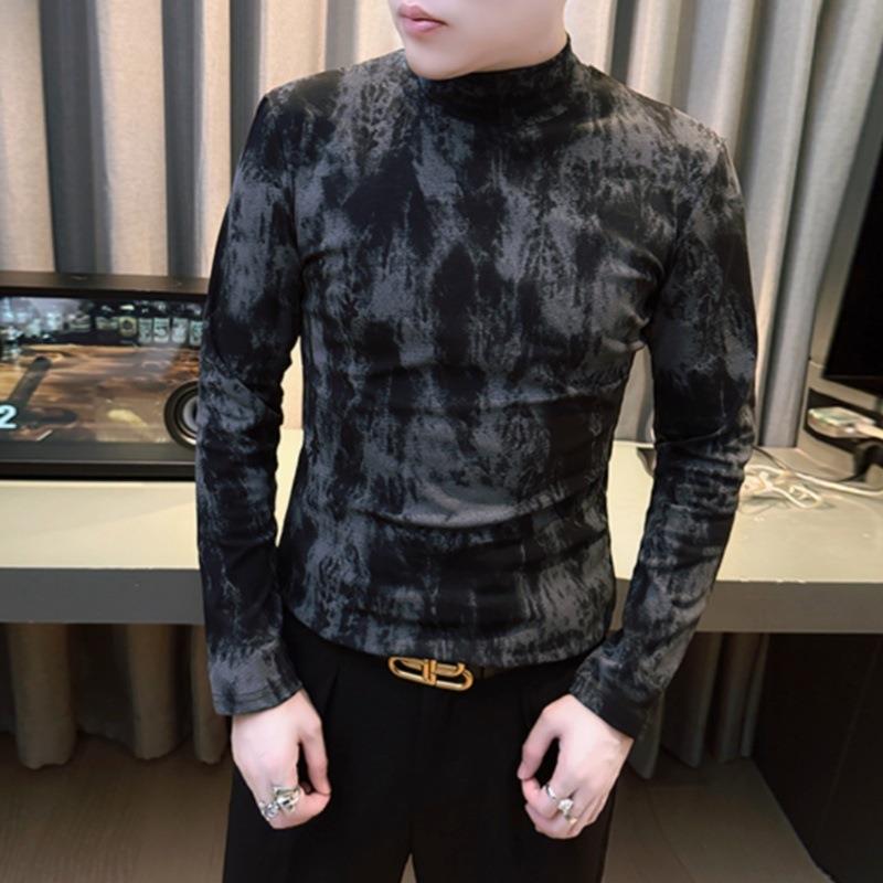秋冬半高领长袖T恤男新款痞帅内搭扎染印花打底衫上衣1023z