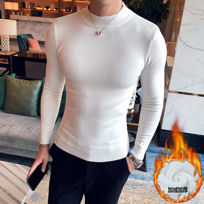 秋冬潮牌帅气打底衫男韩版修身半高领加绒加厚长袖毛衣线衣1214z
