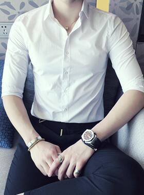 七分袖衬衫男夏季薄款修身男士衬衣白色短袖免烫中袖寸衫商0130r