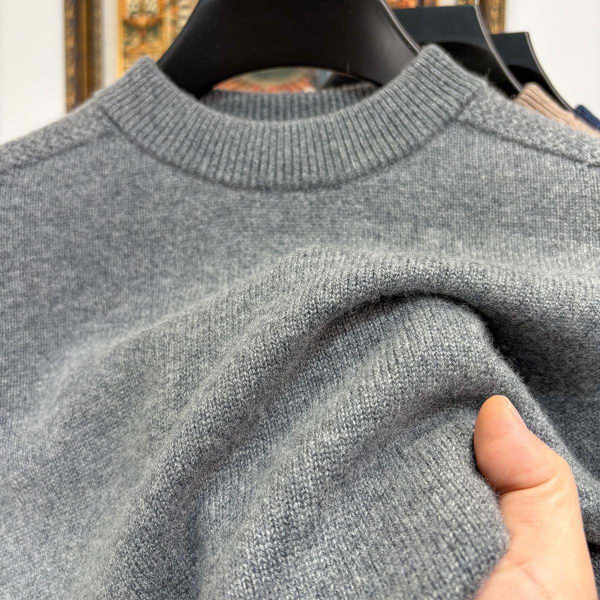秋冬针织衫男士意式极简风圆领毛衣灰色保暖加厚打底衫1214z