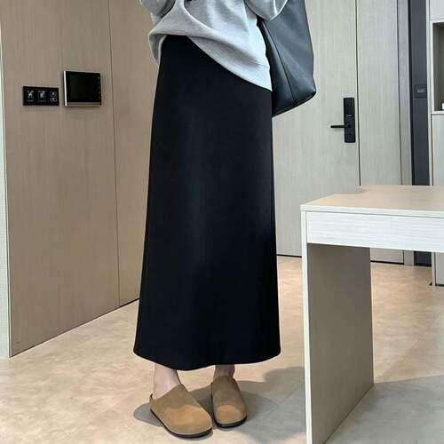长裙黑色毛呢高腰直筒半身裙女2026秋冬宽松显瘦气质穿搭开1004d